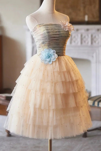 A-Line Tulle Pearls Short Prom Dress Lovely Strapless Evening Party Dress