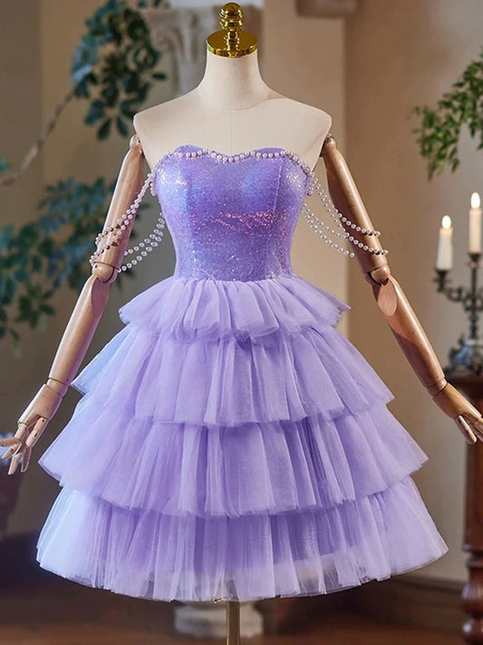 A-Line Tulle and Sequins Short Party Dress Lavender Strapless Evening Dress