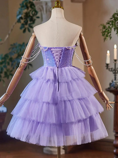 A-Line Tulle and Sequins Short Party Dress Lavender Strapless Evening Dress