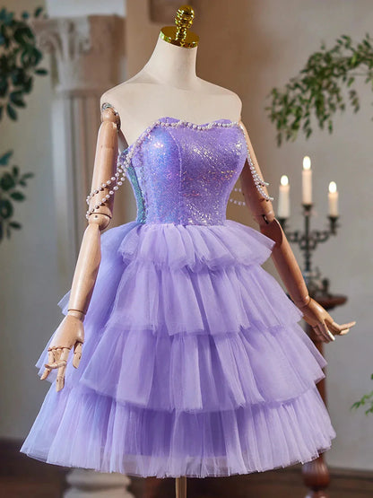 A-Line Tulle and Sequins Short Party Dress Lavender Strapless Evening Dress