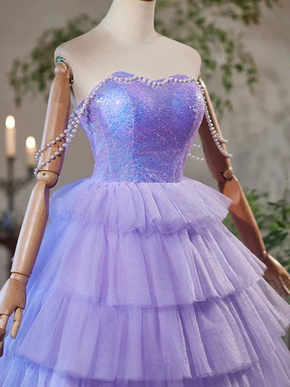 A-Line Tulle and Sequins Short Party Dress Lavender Strapless Evening Dress