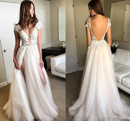 Elegant A-Line V-Neck Cap Sleeves Lace-Applique Backless Champagne Tulle Floor-Length Prom Dress for Women