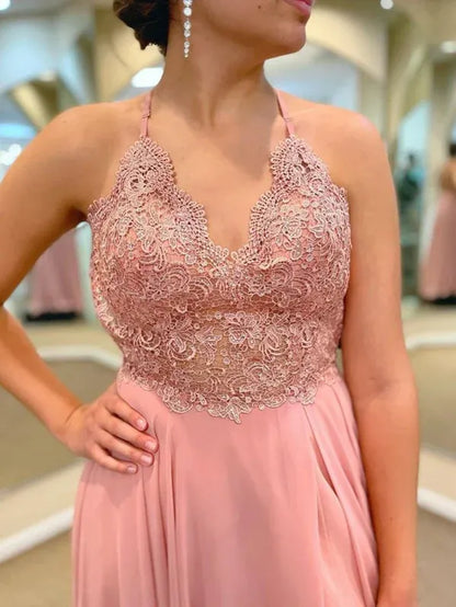 Elegant A-Line Halter Neck Sleeveless Lace Bodice High Slit Dusty Pink Floor-Length Prom Gown for Women