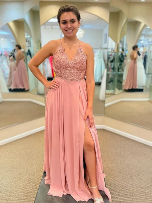 A-Line V-Neck Lace-Top High-Slit Chiffon Dusty Pink Floor-Length Prom Dress