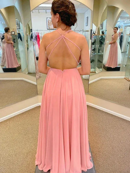 Elegant A-Line Halter Neck Sleeveless Lace Bodice High Slit Dusty Pink Floor-Length Prom Gown for Women