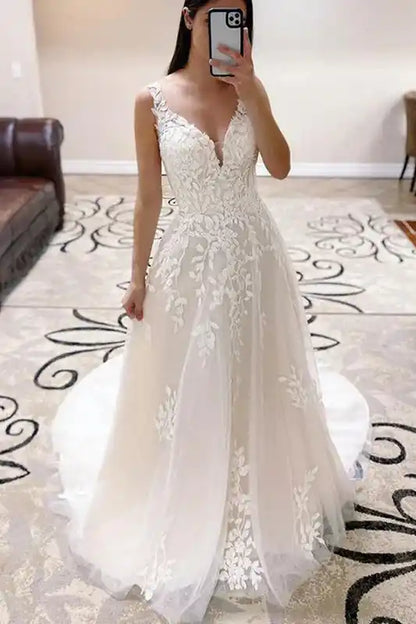 A-Line V Neck Lace Appliques Wedding Dress