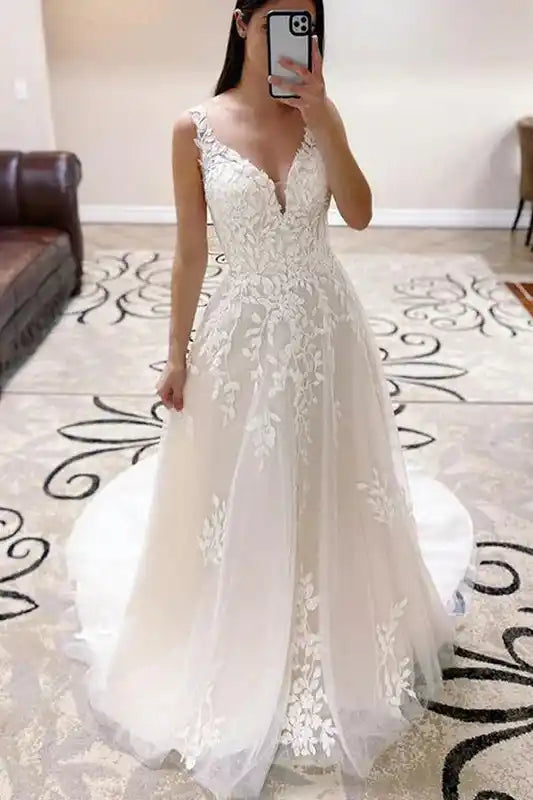 A-Line V Neck Lace Appliques Wedding Dress