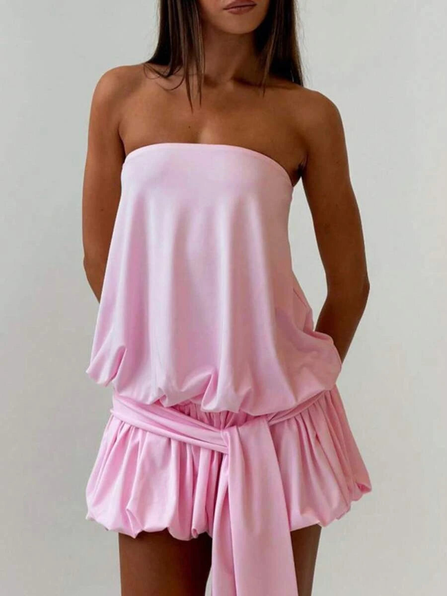 A-Line Strapless Tie Waist Ruffled Pink Mini Homecoming Dress With Bubble Hem