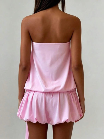 A-Line Strapless Tie Waist Ruffled Pink Mini Homecoming Dress With Bubble Hem