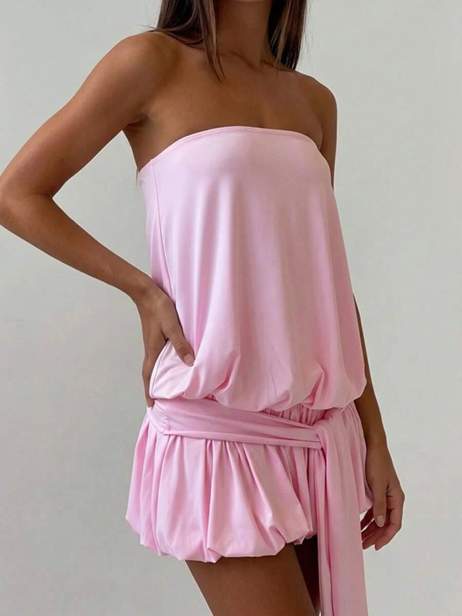 A-Line Strapless Tie Waist Ruffled Pink Mini Homecoming Dress With Bubble Hem