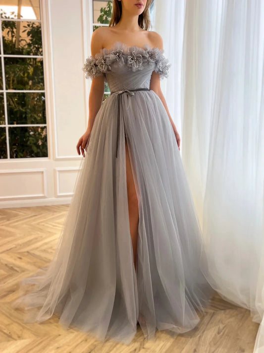 Elegant A-Line Off-Shoulder Floral Applique Tulle High-Slit Maxi Evening Gown