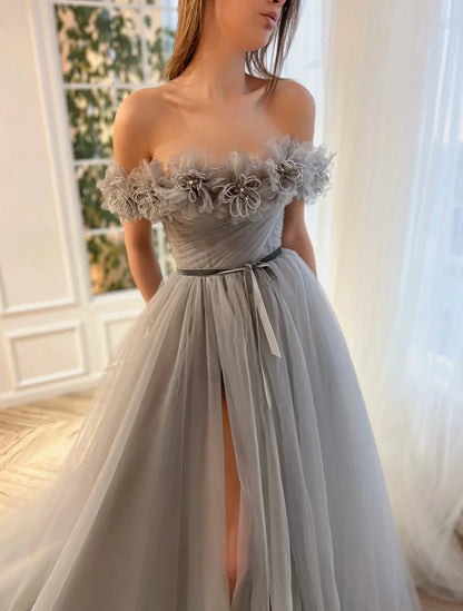 Elegant A-Line Off-Shoulder Floral Applique Tulle High-Slit Maxi Evening Gown