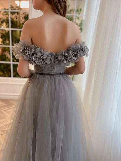 Elegant A-Line Off-Shoulder Floral Applique Tulle High-Slit Maxi Evening Gown