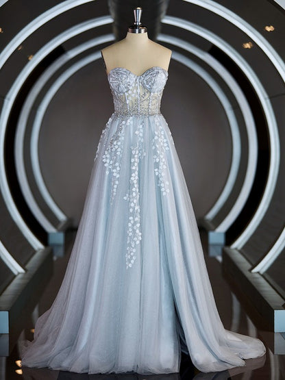 A-line Back Zip Strapless Sweep Train Sequins Applique Prom Dresses With Leg Slit