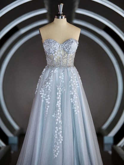 A-line Back Zip Strapless Sweep Train Sequins Applique Prom Dresses With Leg Slit