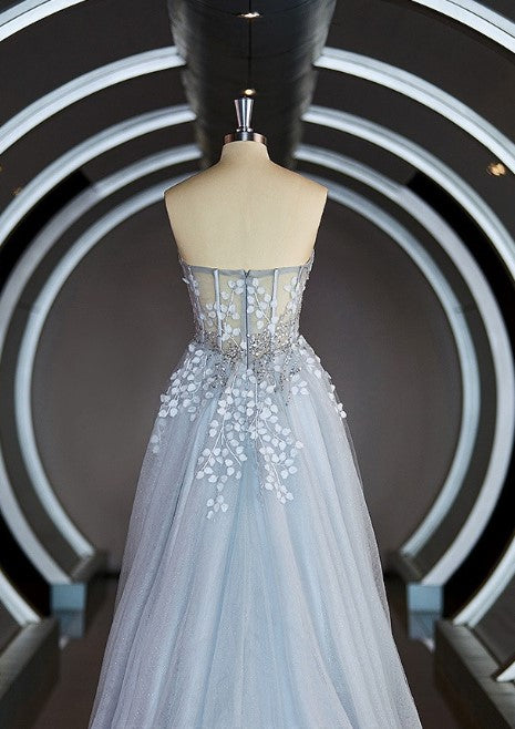 A-line Back Zip Strapless Sweep Train Sequins Applique Prom Dresses With Leg Slit