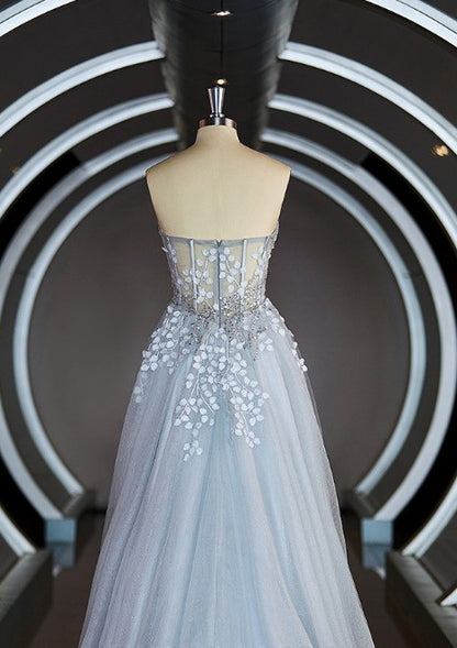 A-line Back Zip Strapless Sweep Train Sequins Applique Prom Dresses With Leg Slit