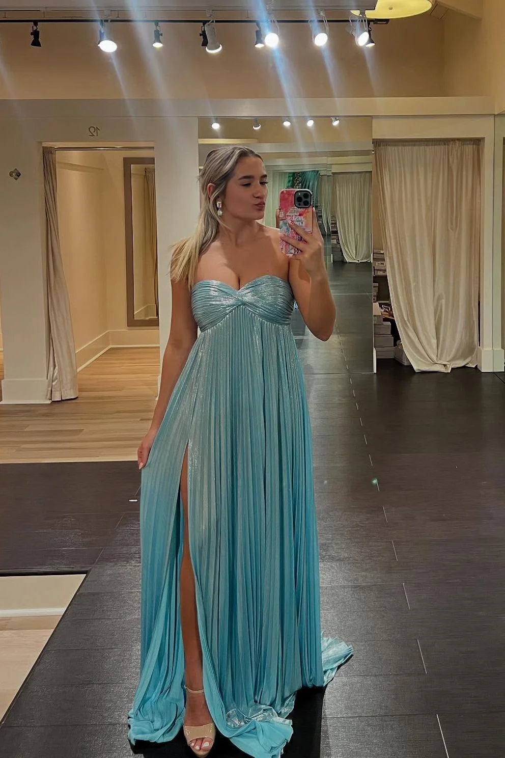 A-line Empire Light Blue Metallic Pleated Formal Dress Prom Dress