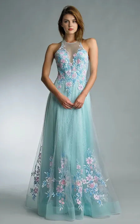 A-line Floor-length Halter Sleeveless Tulle Backless Prom Dress/Formal Women's Dresses