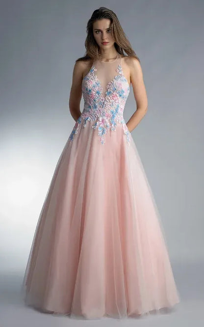 A-line Floor-length Halter Sleeveless Tulle Backless Prom Dress/Formal Women's Dresses