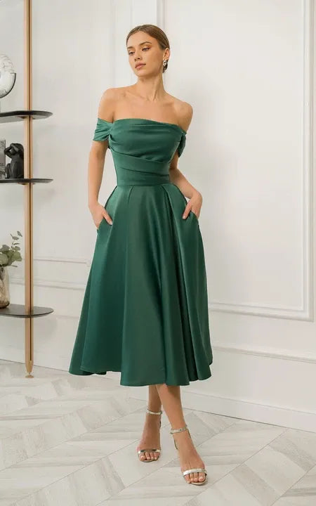 A-line Green Ruched Off-the-shoulder Tea-length Satin Pleated Elegant Dress Prom Dress/Dress For Formal