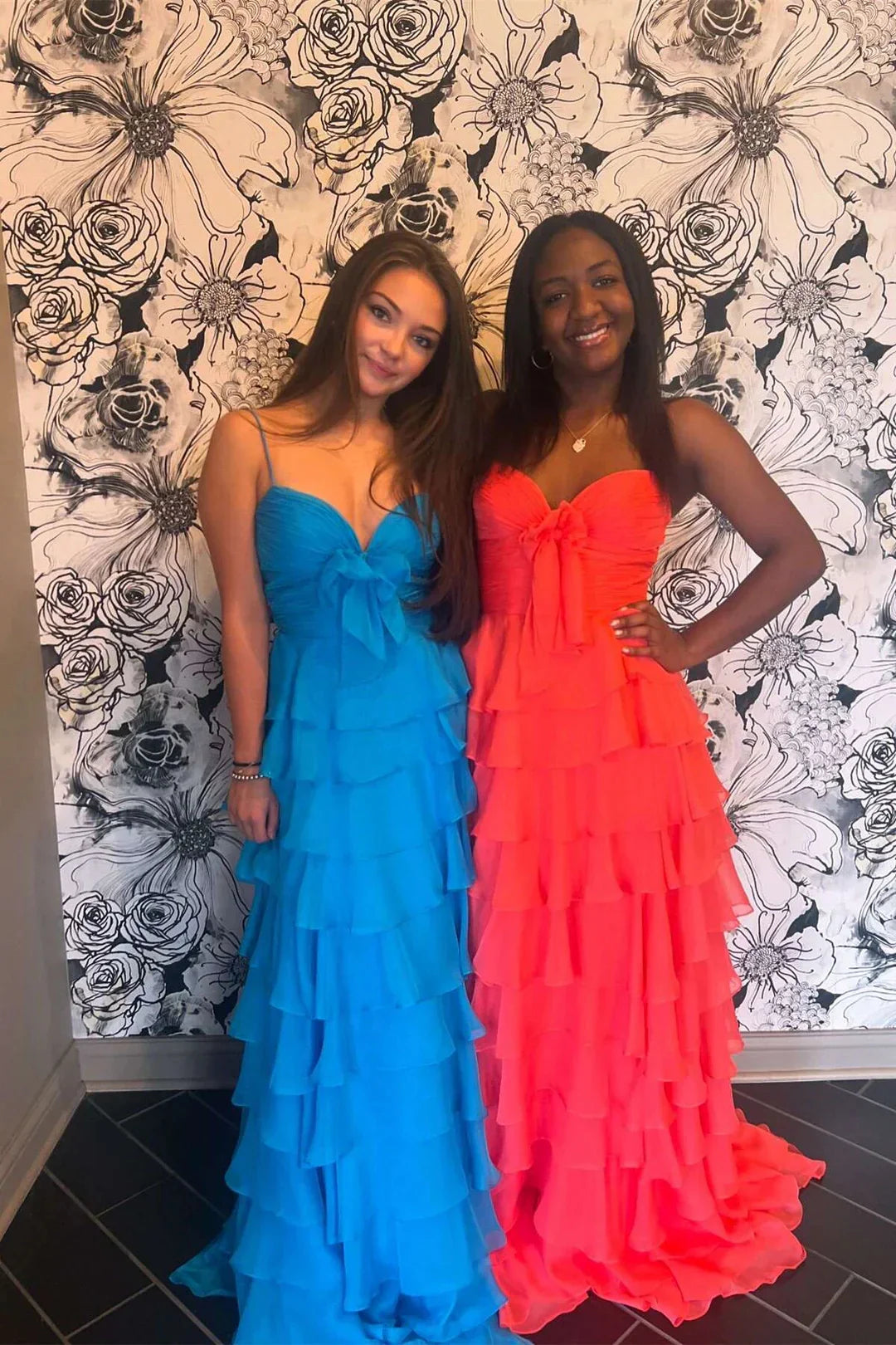 A-line Long Chiffon Tiered Pastel Yellow Senior Prom Dress with Bow