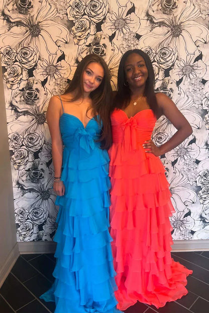 A-line Long Chiffon Tiered Pastel Yellow Senior Prom Dress with Bow