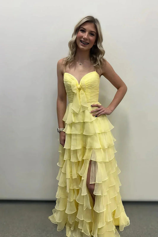 A-line Long Chiffon Tiered Pastel Yellow Senior Prom Dress with Bow