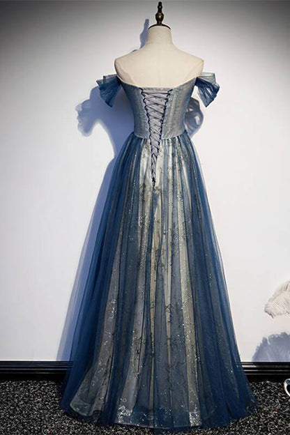 A-line Off the Shoulder Navy Blue Tulle Formal Dress Maxi Dress Lace Up Prom Dress