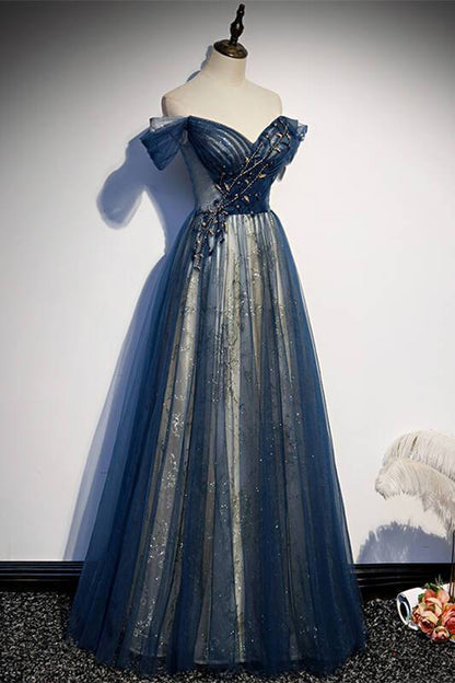 A-line Off the Shoulder Navy Blue Tulle Formal Dress Maxi Dress Lace Up Prom Dress