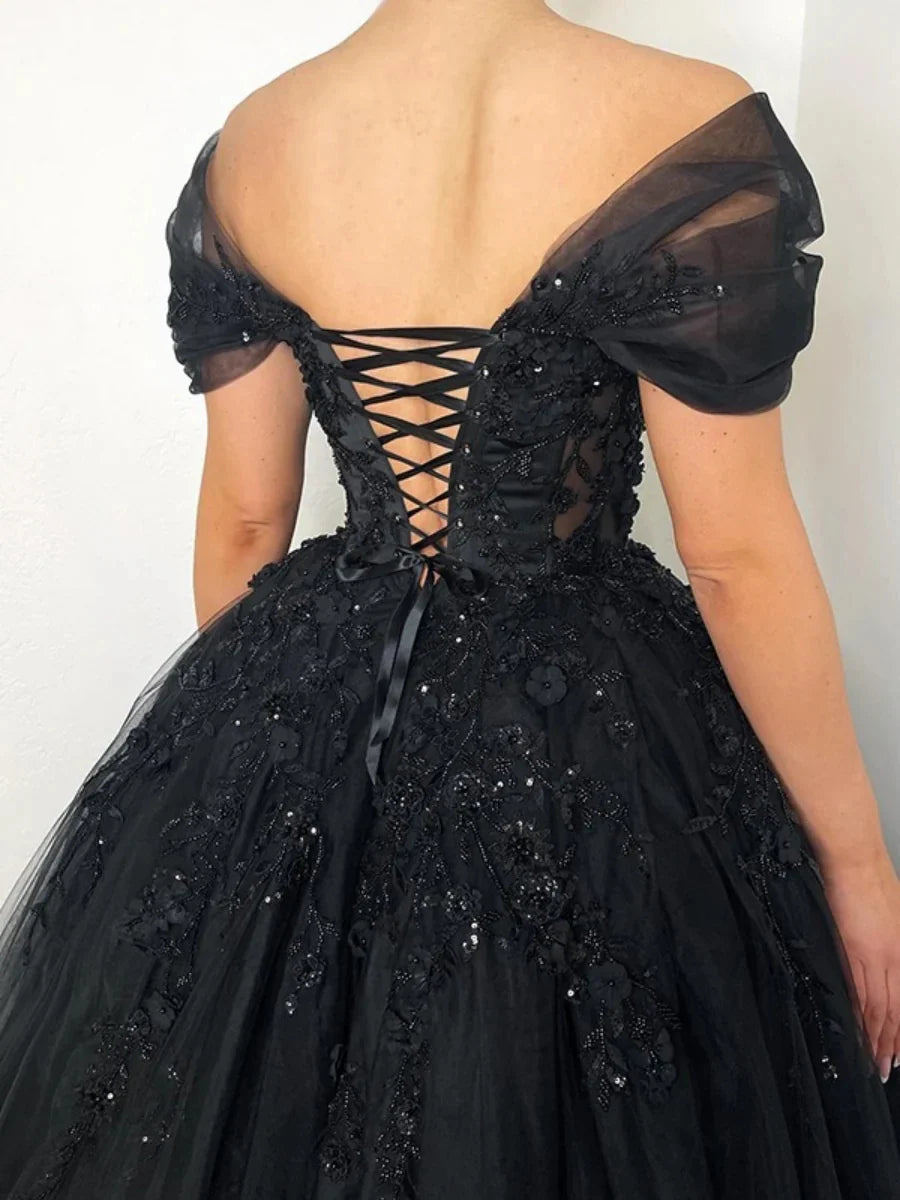 A-line Princess Off-the-Shoulder Short Sleeves Floor-Length Black Wedding Dresses with Lace Appliques & Lace-Up & Crystals