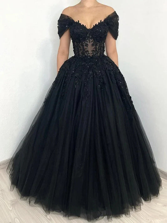 A-line Princess Off-the-Shoulder Short Sleeves Floor-Length Black Wedding Dresses with Lace Appliques & Lace-Up & Crystals