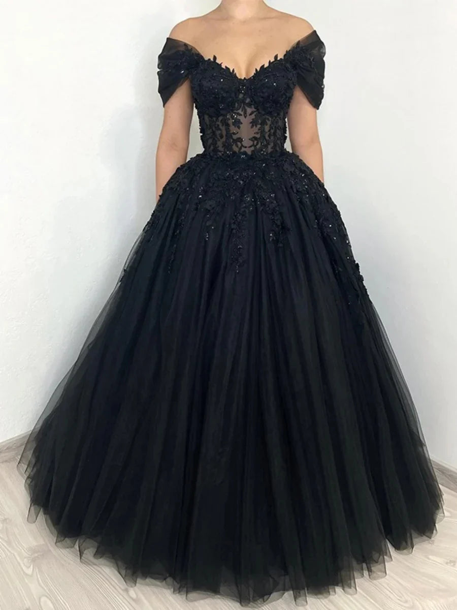 A-line Princess Off-the-Shoulder Short Sleeves Floor-Length Black Wedding Dresses with Lace Appliques & Lace-Up & Crystals