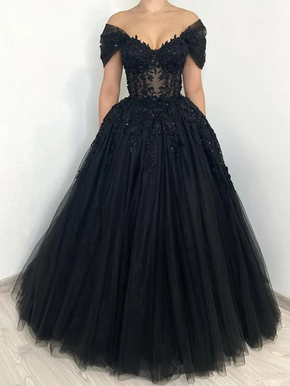 A-line Princess Off-the-Shoulder Short Sleeves Floor-Length Black Wedding Dresses with Lace Appliques & Lace-Up & Crystals