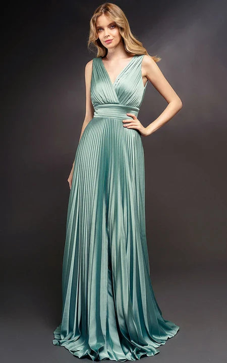 A-line Sleeveless Formal Pleated V-Neck Sleeveless Prom Dress With Low-V Back