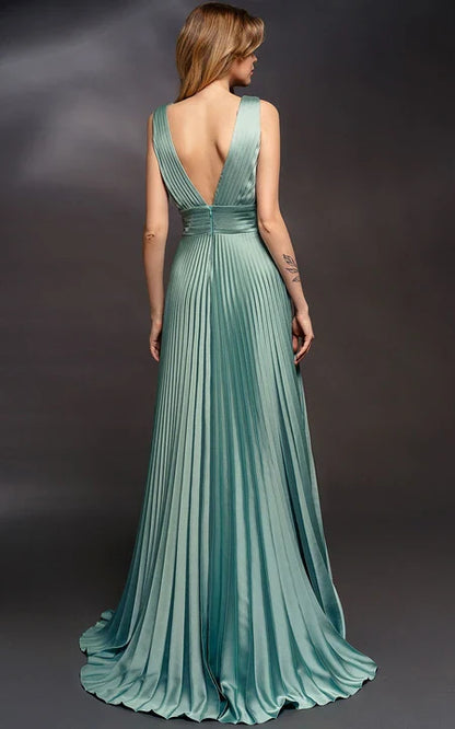 A-line Sleeveless Formal Pleated V-Neck Sleeveless Prom Dress With Low-V Back
