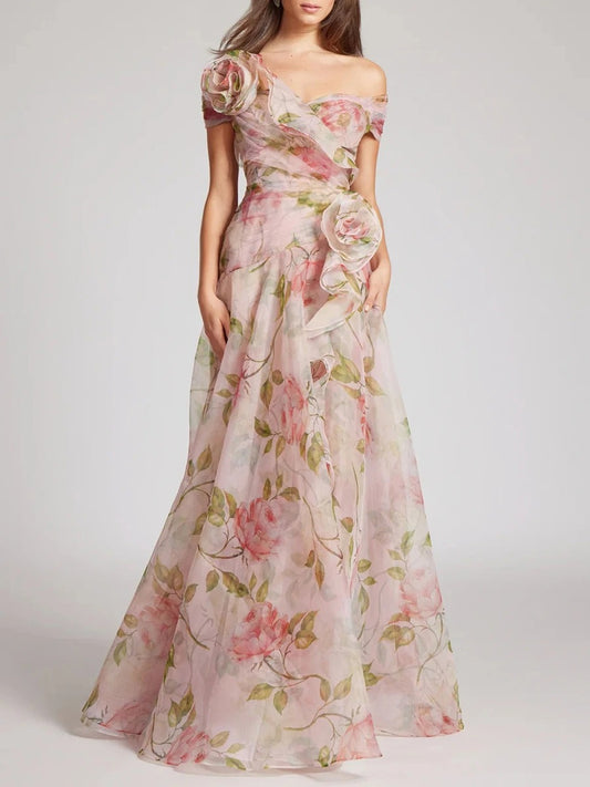 A-line Solid Spliced Appliques Slimming Dresses Slash Neck Short Sleeve High Waist Female New Prom Dress