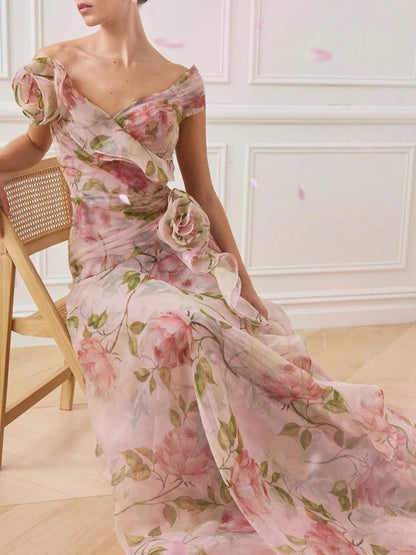 A-line Solid Spliced Appliques Slimming Dresses Slash Neck Short Sleeve High Waist Female New Prom Dress
