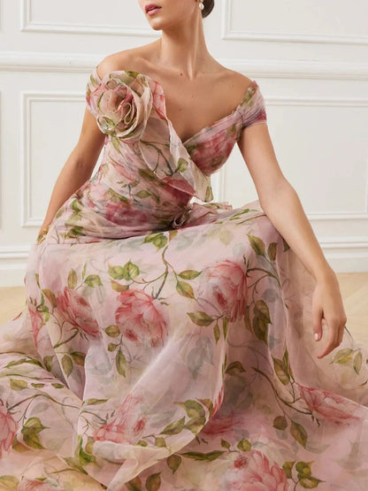 A-line Solid Spliced Appliques Slimming Dresses Slash Neck Short Sleeve High Waist Female New Prom Dress