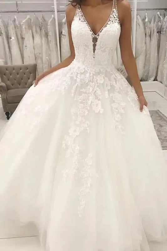A-line V-neck Formal Wedding Dresses with Lace Appliques