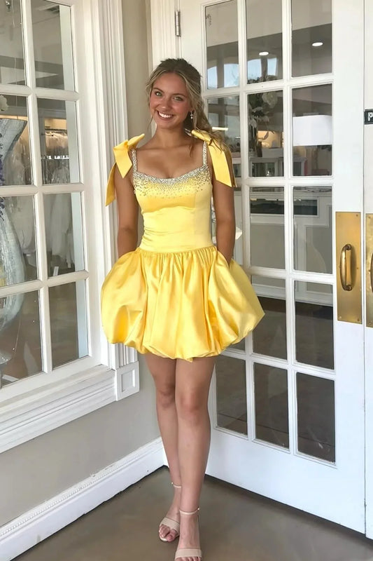 A-line Yellow Homecoming Dresses Short Pearls with Bow Straps