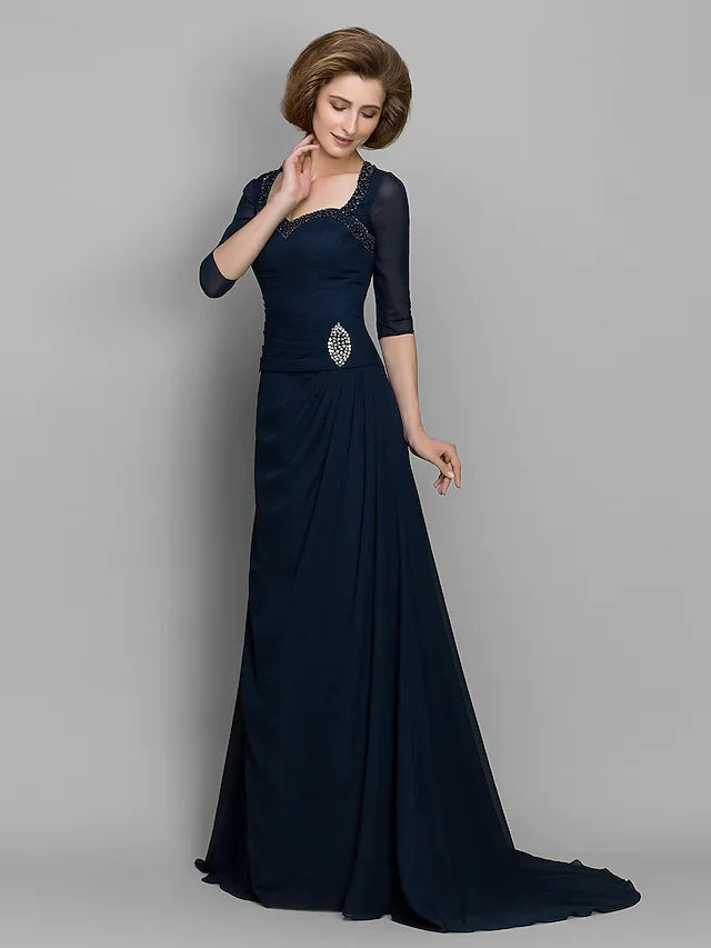 A-Line Mother of the Bride Dress Elegant Sweetheart Neckline Chiffon Length Sleeve with Ruched Beading