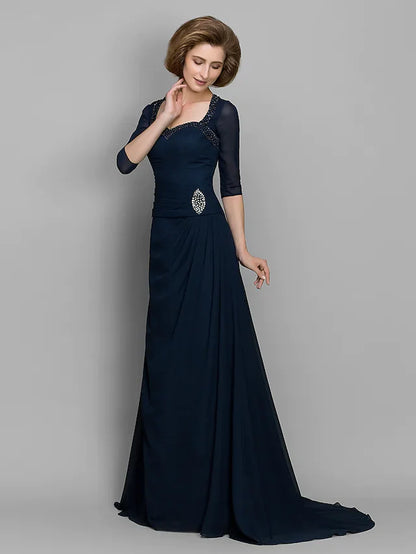 A-Line Mother of the Bride Dress Elegant Sweetheart Neckline Chiffon Length Sleeve with Ruched Beading