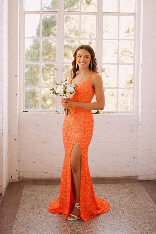 Cute Mermaid V Neck Straps Orange Sequins Prom Dresses with Slit