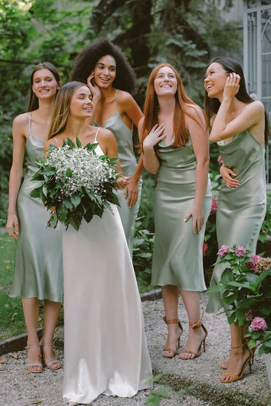 Charming Sheath Cowl Neck Sage Green Silk Satin Tea Length Bridesmaid Dresses