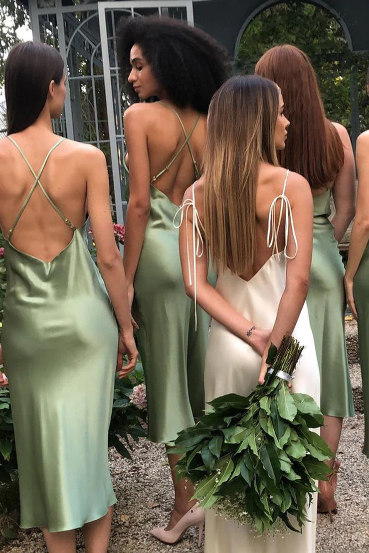 Charming Sheath Cowl Neck Sage Green Silk Satin Tea Length Bridesmaid Dresses