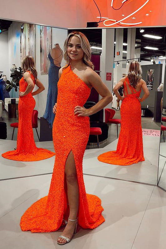 Sparkly Mermaid One Shoulder Orange Sequins Long Prom Dresses with Slit