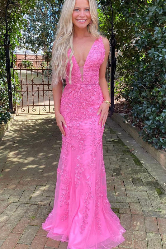 Charming Mermaid V Neck Hot Pink Lace Long Prom Dresses