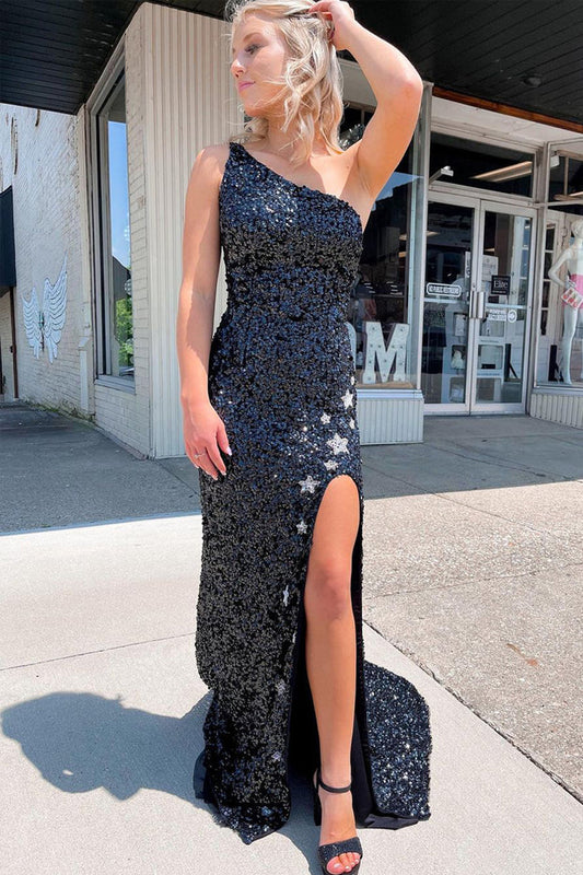 Charming Sparkly Mermaid One Shoulder Black Sequins Long Prom Dresses with Stars