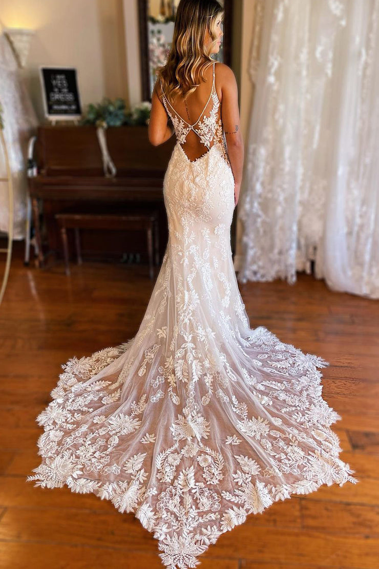 Elegant Mermaid V Neck Lace Wedding Dresses with Appliques